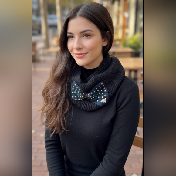 Betsey Johnson Accessories - Betsey Johnson Black Knit Scarf with Embellished Bow